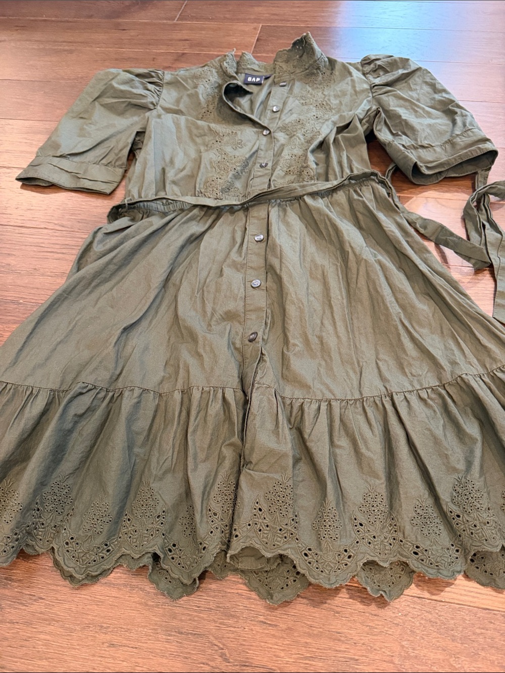 GAP Olive Green Puff Sleeve Eyelet Mini Dress Size Medium - C11-282 - Picture 5 of 9
